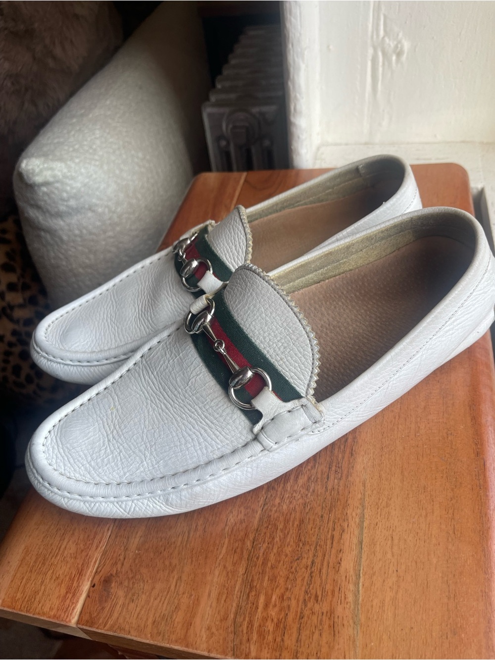 Gucci White Leather Slip-On Loafers with Green & Red Web